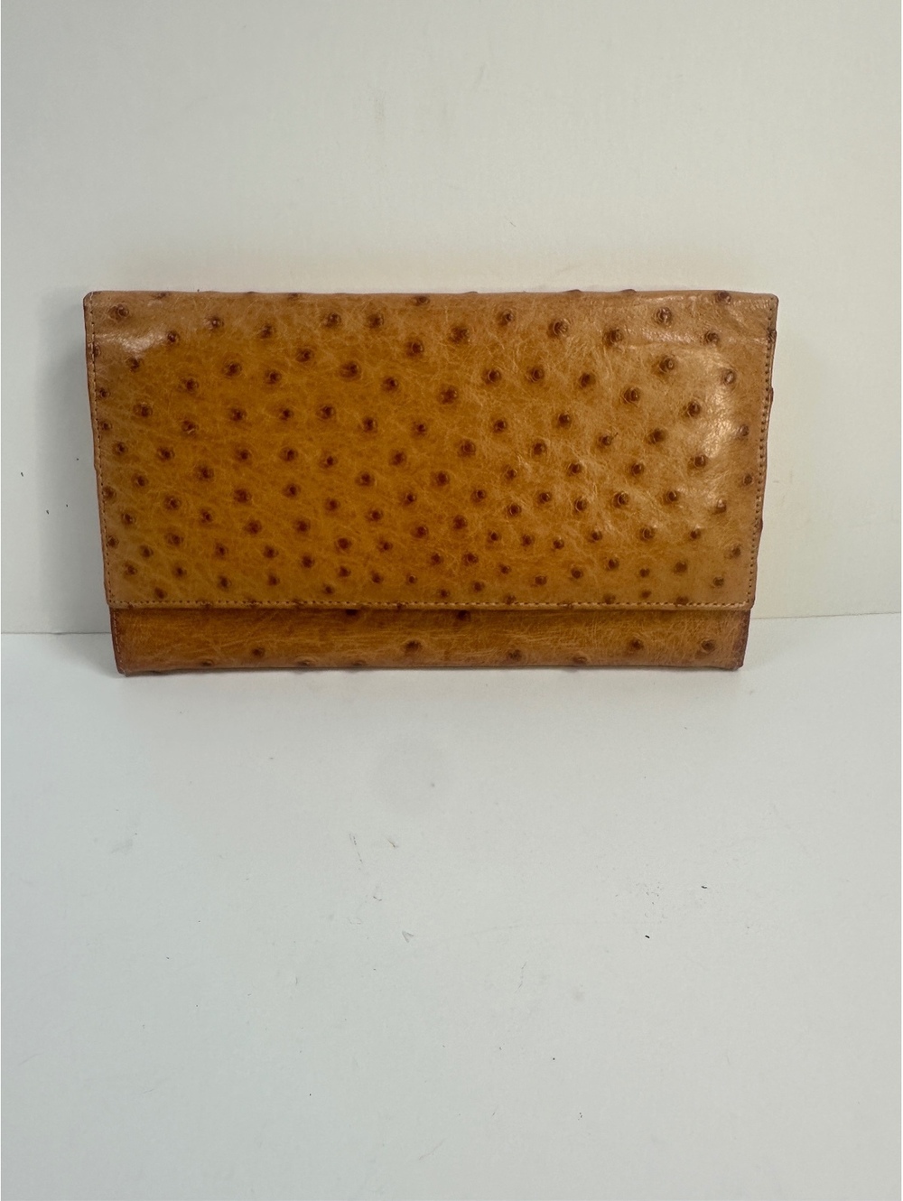 Genuine Ostrich Leather Billfold Wallet Tan Clutch Full Quill Checkbook Vintage